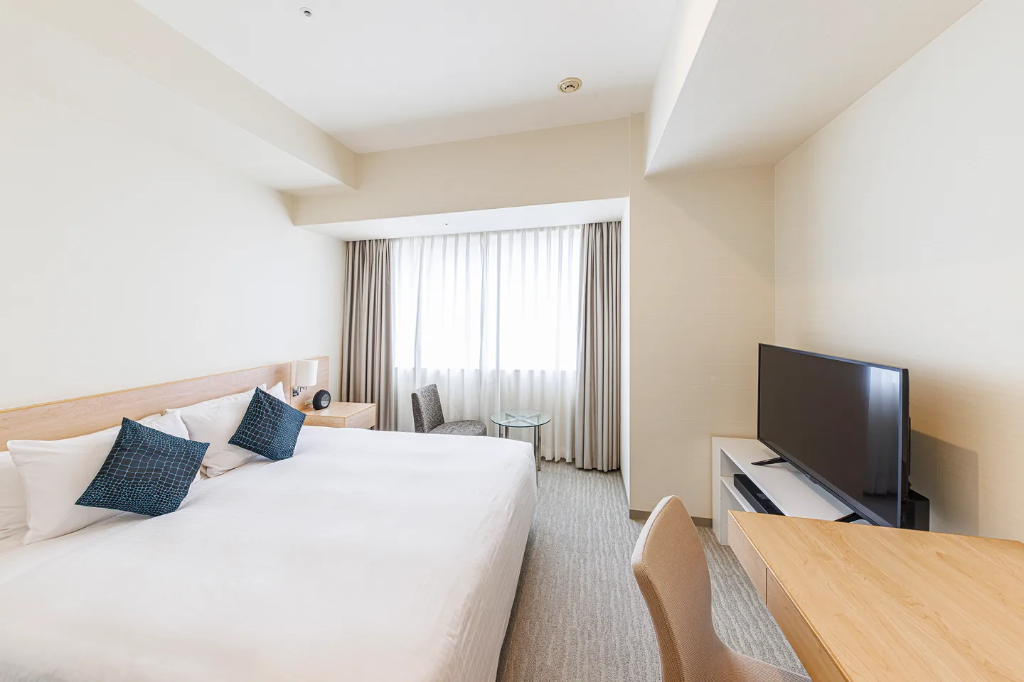 单间公寓睡眠区,配有一张双人床、书桌和电视